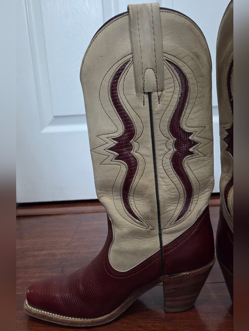 VTG Frye Boots Womens Two-Tone Red Lizard Leather Heeled Inlay Western Size 5.5 - Picture 9 of 13